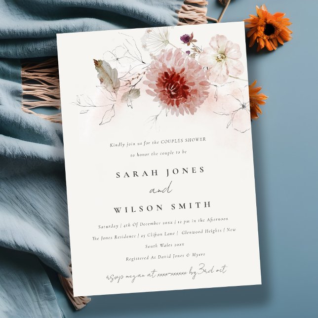 Invitation Dusky Fall Marsala Blush Floral Couples Douche (Créateur téléchargé)