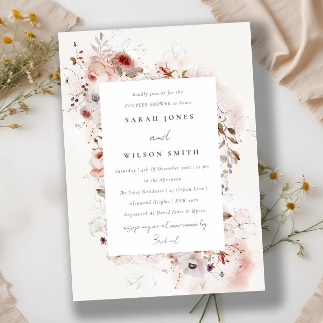 Invitation Dusky Fall Marsala Blush Floral Couples Douche (Créateur téléchargé)
