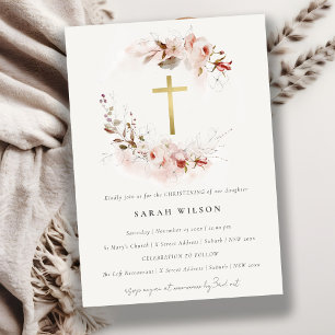 Invitation Dusky Fall Marsala Blush Floral Cross Christening
