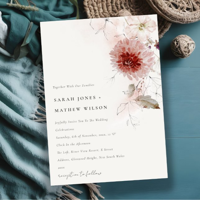 Invitation Dusky Fall Marsala Blush Floral Watercolor Mariage (Créateur téléchargé)