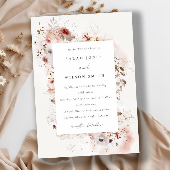 Invitation Dusky Fall Marsala Blush Floral Watercolor Mariage (Créateur téléchargé)