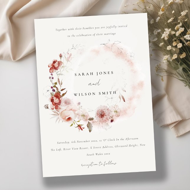 Invitation Dusky Fall Marsala Blush Floral Wreath Mariage (Créateur téléchargé)