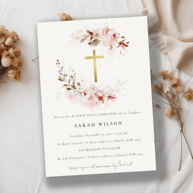 Invitation Dusky Fall Marsala Floral First Holy Communion (Créateur téléchargé)