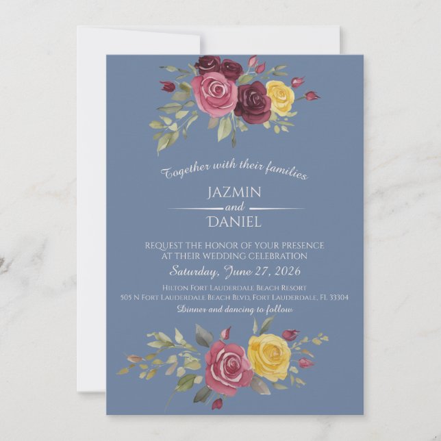 Invitation Dusky Pastel Watercolor Roses Blue (Devant)