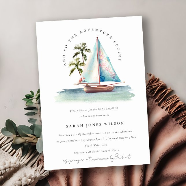 Invitation Dusky Turquoise Sailboat Palm Baby shower marin (Créateur téléchargé)