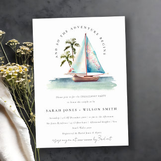 Invitation Dusky Turquoise Sailboat Palm Fiançailles marin