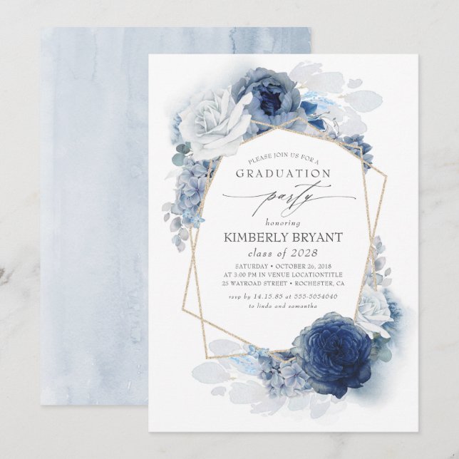 Invitation Dusty and Navy Blue Floral Ombre Graduation (Devant / Derrière)