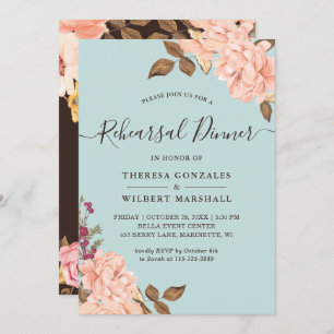 Invitation Dusty Aqua Blue Blush Floral Rehearer Dîner
