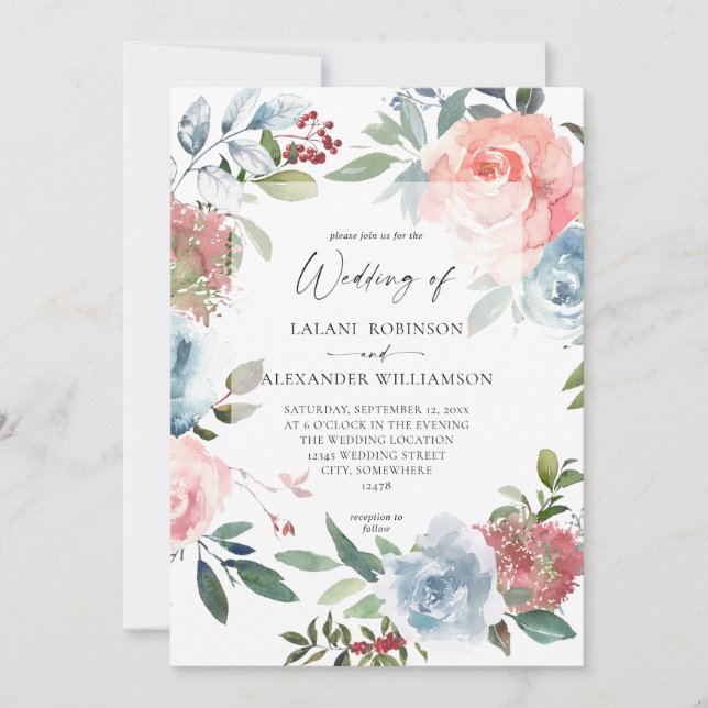 Invitation Dusty Baby Blue & Pink Blush 2 Floral Mariage Invi (Devant)