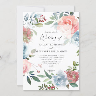 Invitation Dusty Baby Blue & Pink Blush 2 Floral Mariage Invi