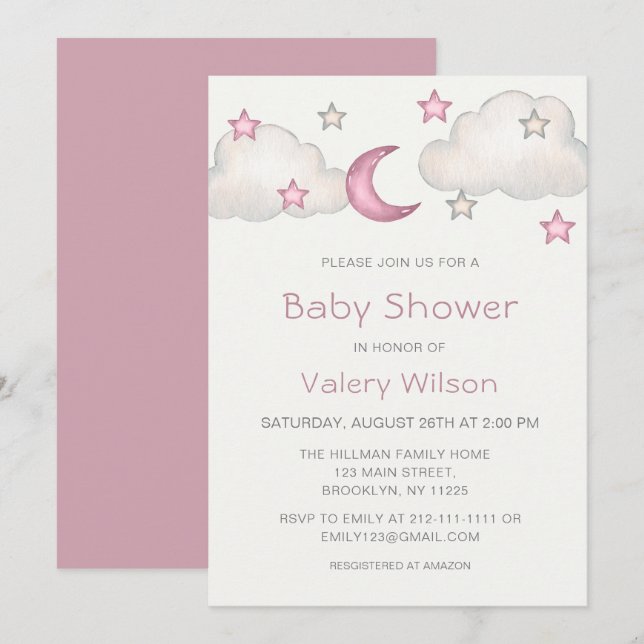 Invitation Dusty Baby shower fille rose (Devant / Derrière)