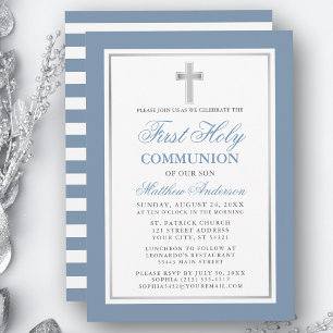 Invitation Dusty Bleu Argent rayé Première Sainte Communion