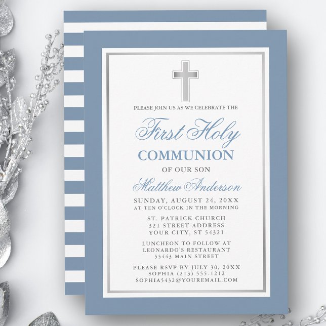 Invitation Dusty Bleu Argent rayé Première Sainte Communion (Customize to change text size, color or text style.)