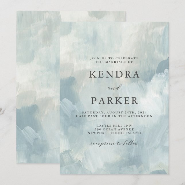 Invitation Dusty Bleu Artistique Abstrait Brushstrokes Mariag (Devant / Derrière)