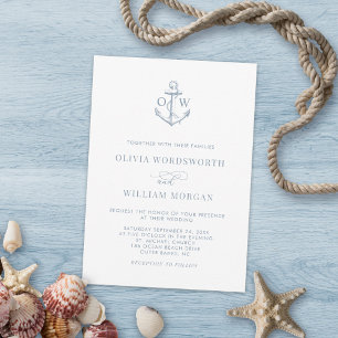 Invitation Dusty Bleu blanc Ancre nautique Mariage Monogramme