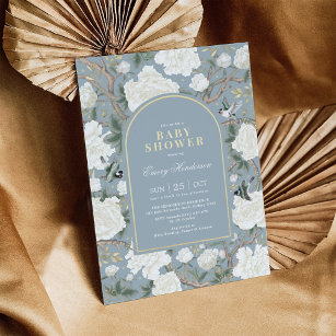 Invitation Dusty Bleu Blanc Chinoiserie Baby shower Floral