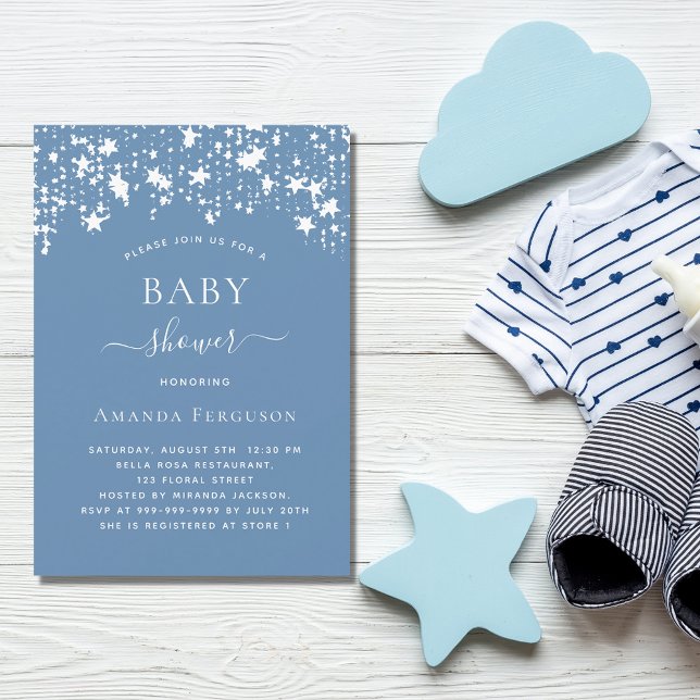 Invitation Dusty bleu blanc étoiles baby shower garçon (Créateur téléchargé)