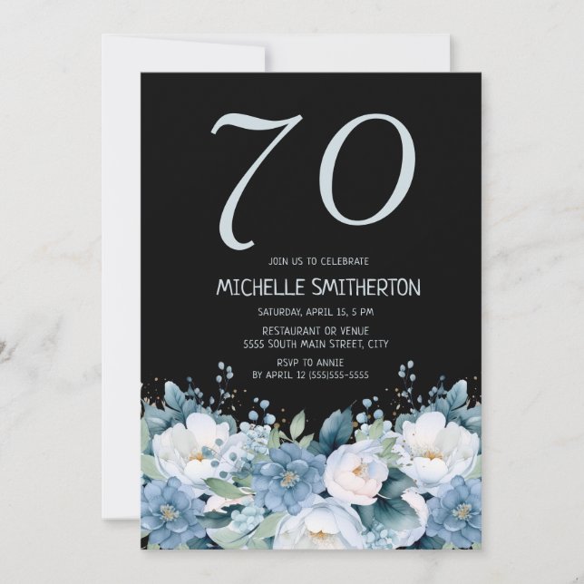 Invitation Dusty Bleu Blanc Floral Noir 70e Anniversaire (Devant)