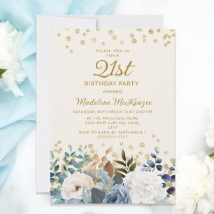 Invitation Dusty Bleu Blanc Floral Or 21e Anniversaire