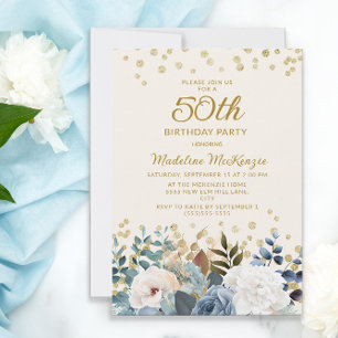 Invitation Dusty Bleu Blanc Floral Or 50e anniversaire