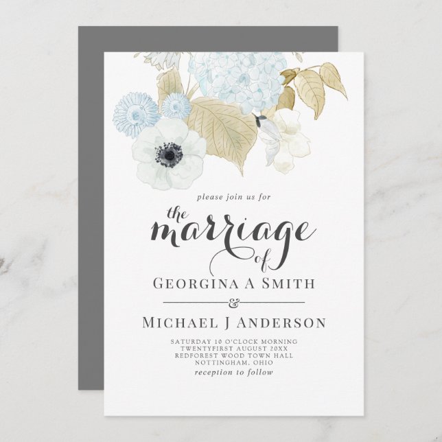 Invitation Dusty Bleu Blanc Marine Anemone Mariage BUDGET (Devant / Derrière)