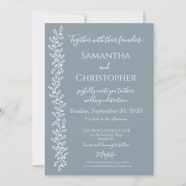 Invitation Dusty Bleu Boho Romantique Botanique Minimale Mari (Devant)