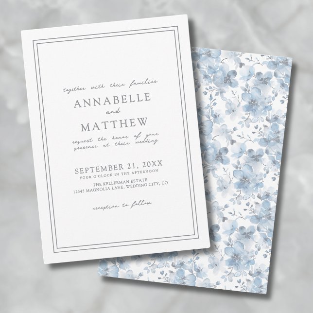 Invitation Dusty Bleu Botanique Classique Mariage élégant (Dusty Blue Botanical Classic Elegant Wedding Invitation)