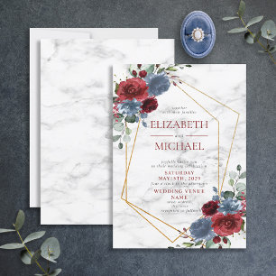 Invitation Dusty Bleu Bourgogne Géométrique Marbre Floral Pri
