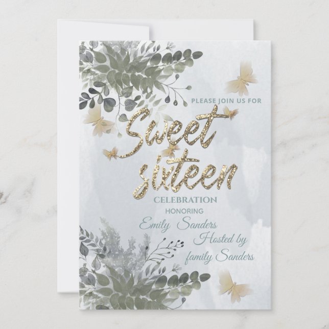 Invitation Dusty bleu Chic aquarelle vert eucalyptus (Devant)
