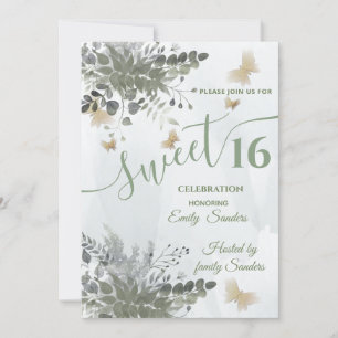 Invitation Dusty bleu Chic aquarelle vert eucalyptus