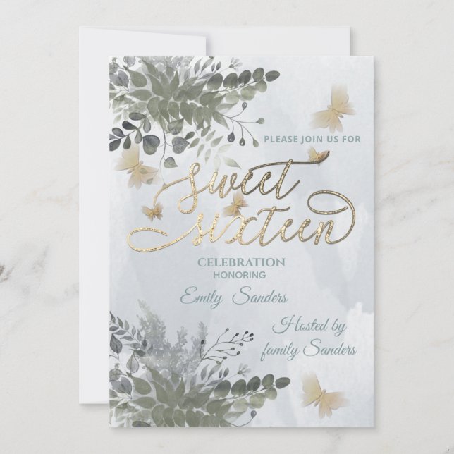 Invitation Dusty bleu Chic aquarelle vert eucalyptus In (Devant)