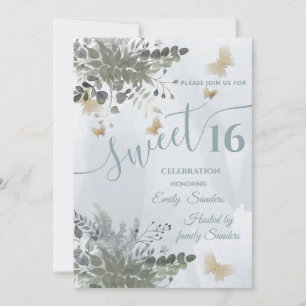 Invitation Dusty bleu Chic aquarelle vert eucalyptus In