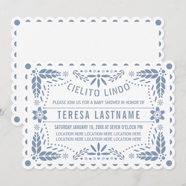 Invitation Dusty bleu et blanc cielito lindo bébé garçon douc (Devant / Derrière)