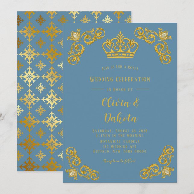 Invitation Dusty bleu et or Couronne Damask Mariage royal (Devant / Derrière)