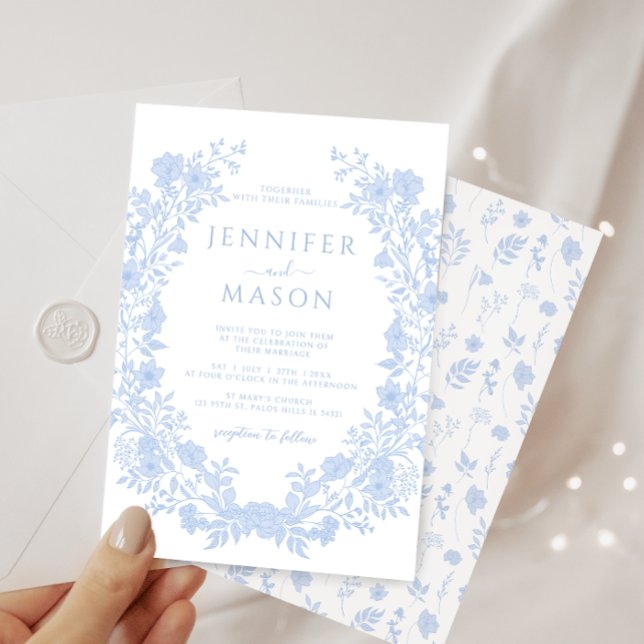 Invitation Dusty bleu fleuri courre bohème classique mariage (Créateur téléchargé)