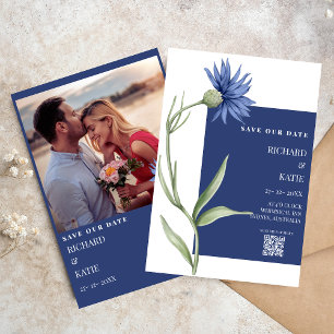 Invitation Dusty bleu Floral élégant code Qr mariage
