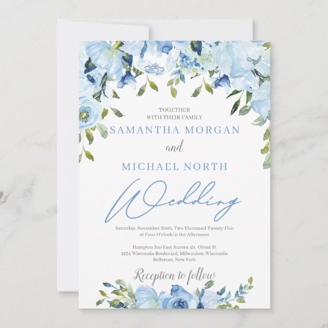 Invitation Dusty bleu floral moderne hiver chic mariage (Devant)