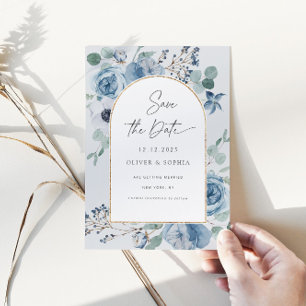 Invitation Dusty bleu floral or géométrique Enregistrer la da