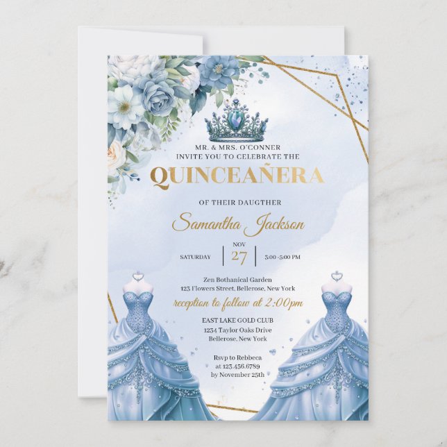 Invitation Dusty bleu floral Twins Princess Dress Quinceañera (Devant)