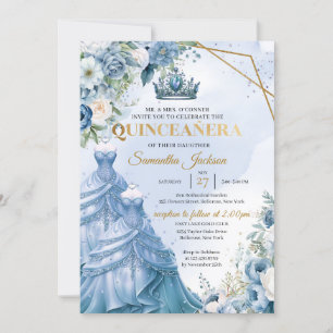 Invitation Dusty bleu floral Twins Princess Dress Quinceañera