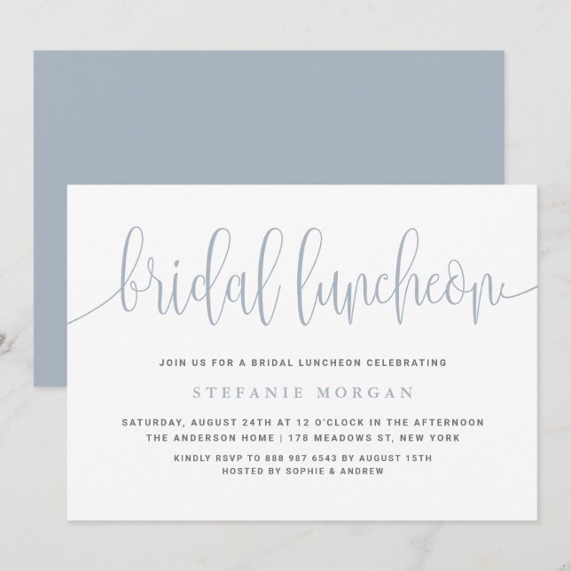 Invitation Dusty Bleu Joli Calligraphie Déjeuner nuptial (Devant / Derrière)