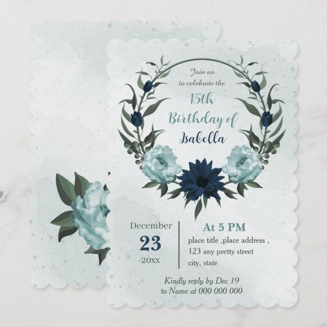 Invitation Dusty bleu marine fleurs botanique couronne annive (Devant / Derrière)
