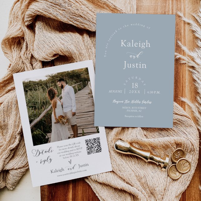 Invitation Dusty bleu minimaliste Mariage QR Code photo (Créateur téléchargé)