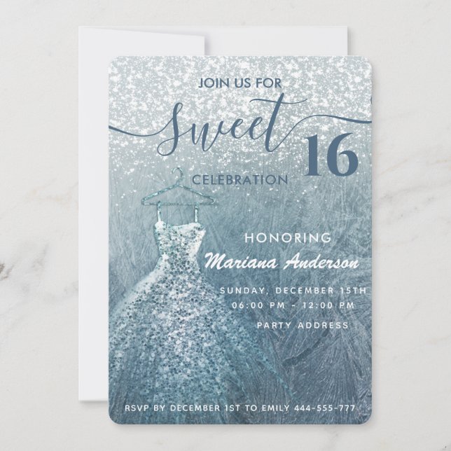 Invitation Dusty bleu neige hiver merveilleux doux 16 (Devant)