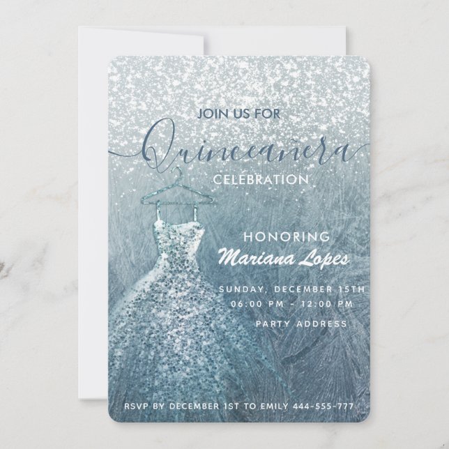 Invitation Dusty bleu neige hiver merveilleux Quinceañera (Devant)