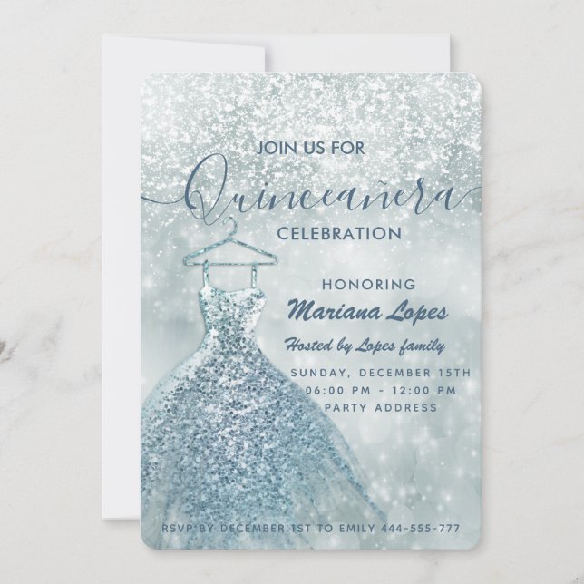 Invitation Dusty bleu neige hiver merveilleux Quinceañera Inv (Devant)