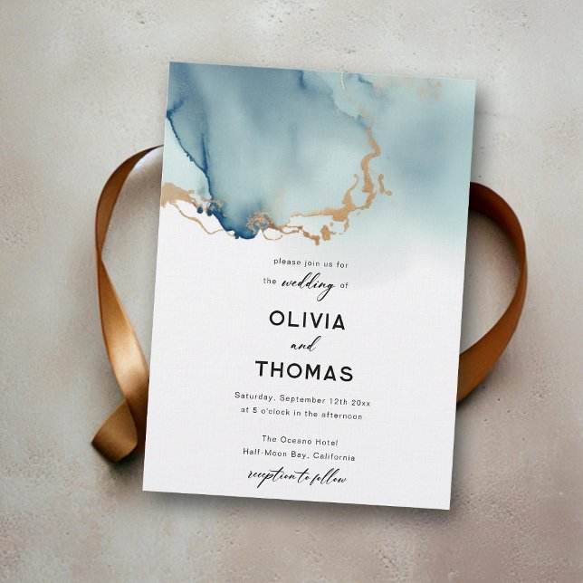 Invitation Dusty Bleu Or Moderne Romantique Chic Plage Mariag (dusty blue beach wedding invitation god wave modern bohemian romantic calligraphy elegant classy)