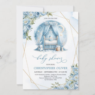 Invitation Dusty bleu pivoines bébé bébé cadre or garçon