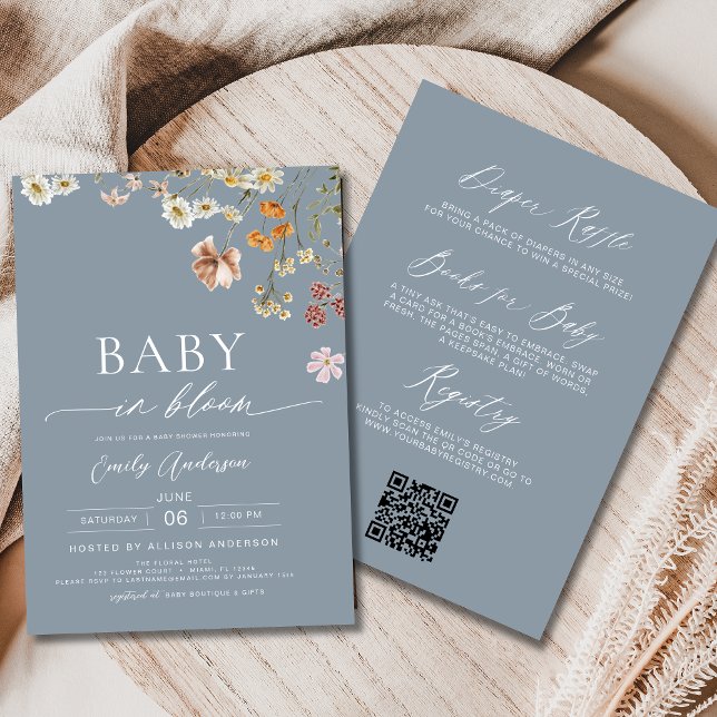 Invitation Dusty Bleu QR Code Fleur sauvage Baby in Bloom (Créateur téléchargé)