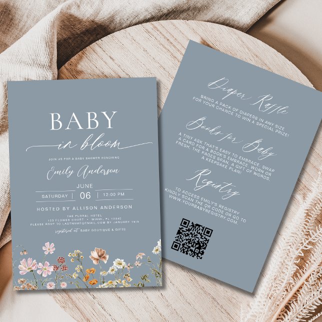 Invitation Dusty Bleu QR Code Fleur sauvage Baby in Bloom (Créateur téléchargé)